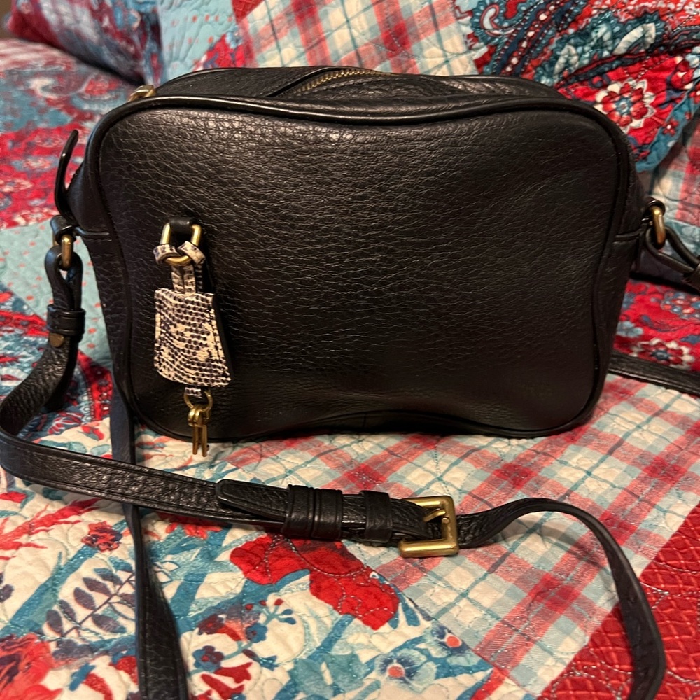 J Crew black leather signet crossbody bag lock key